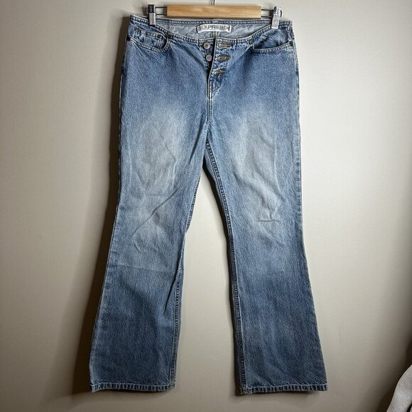 Vintage Y2K Express Hipster Flare Mid Rise Womens Size 7/8 S Blue Denim Jeans - Picture 1 of 12